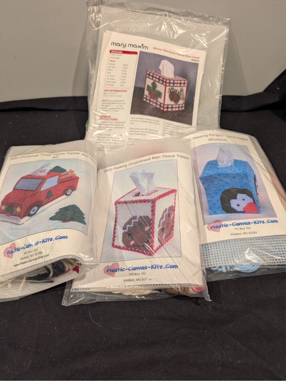 4 Holiday Tissue Box Plastic Canvas Kits Mary Maxim Winter Welcome Penguin Truck